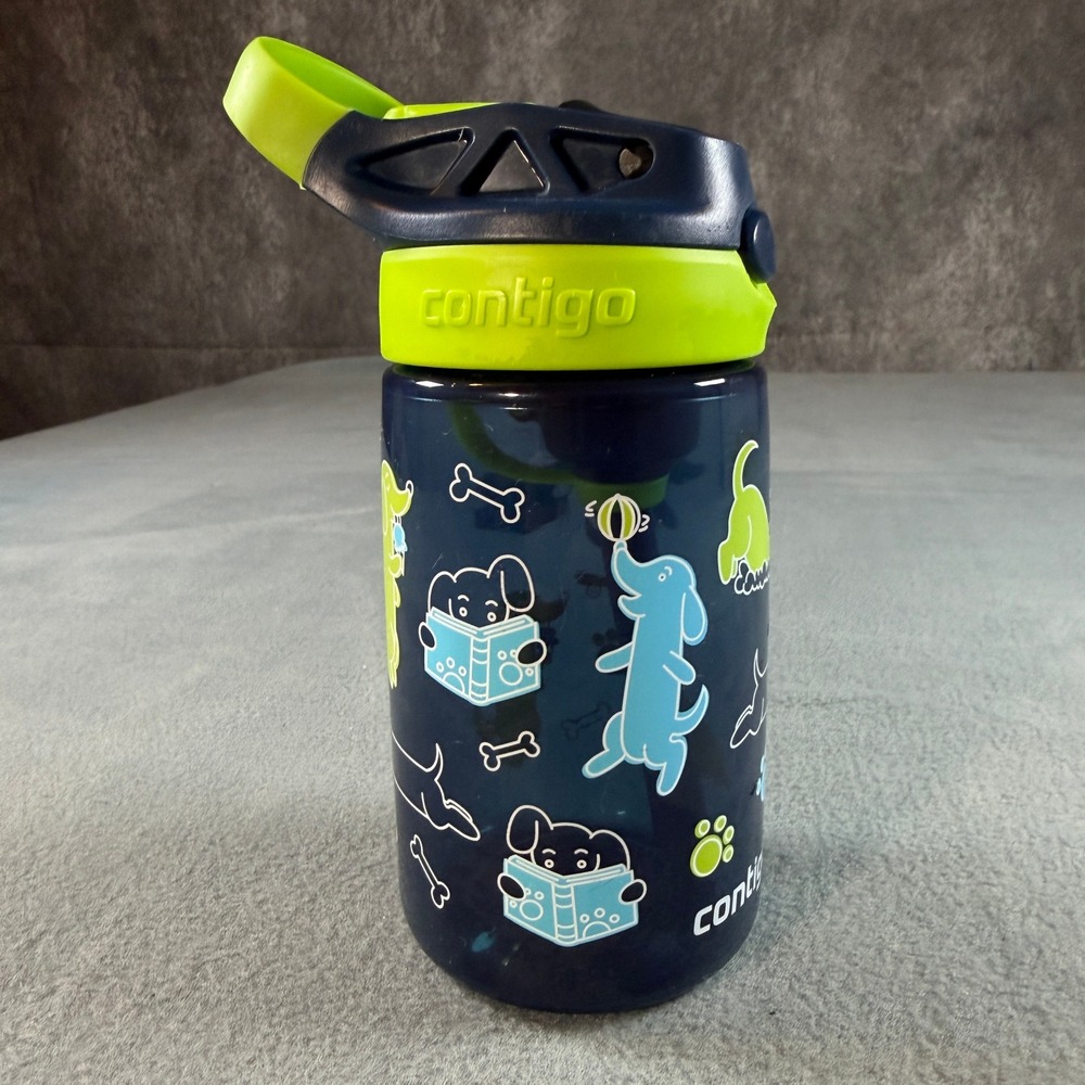 Contigo Kids Autospout Water Bottle Navy Blue Lime Green Dog‎ Pattern 14oz